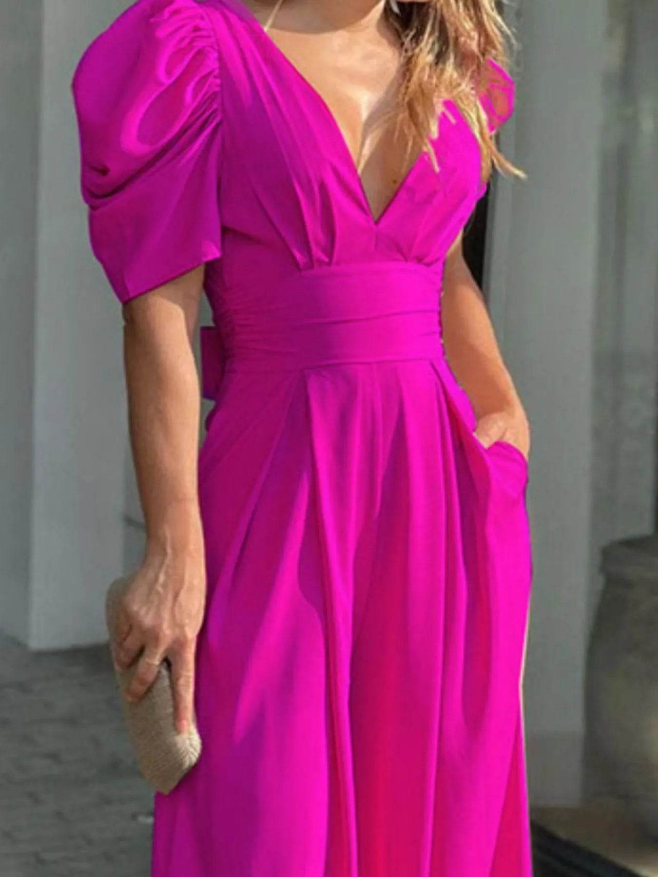 Full Size Cutout V-Neck Puff Sleeve Jumpsuit Plus Size - IntuitiveEncBoutique