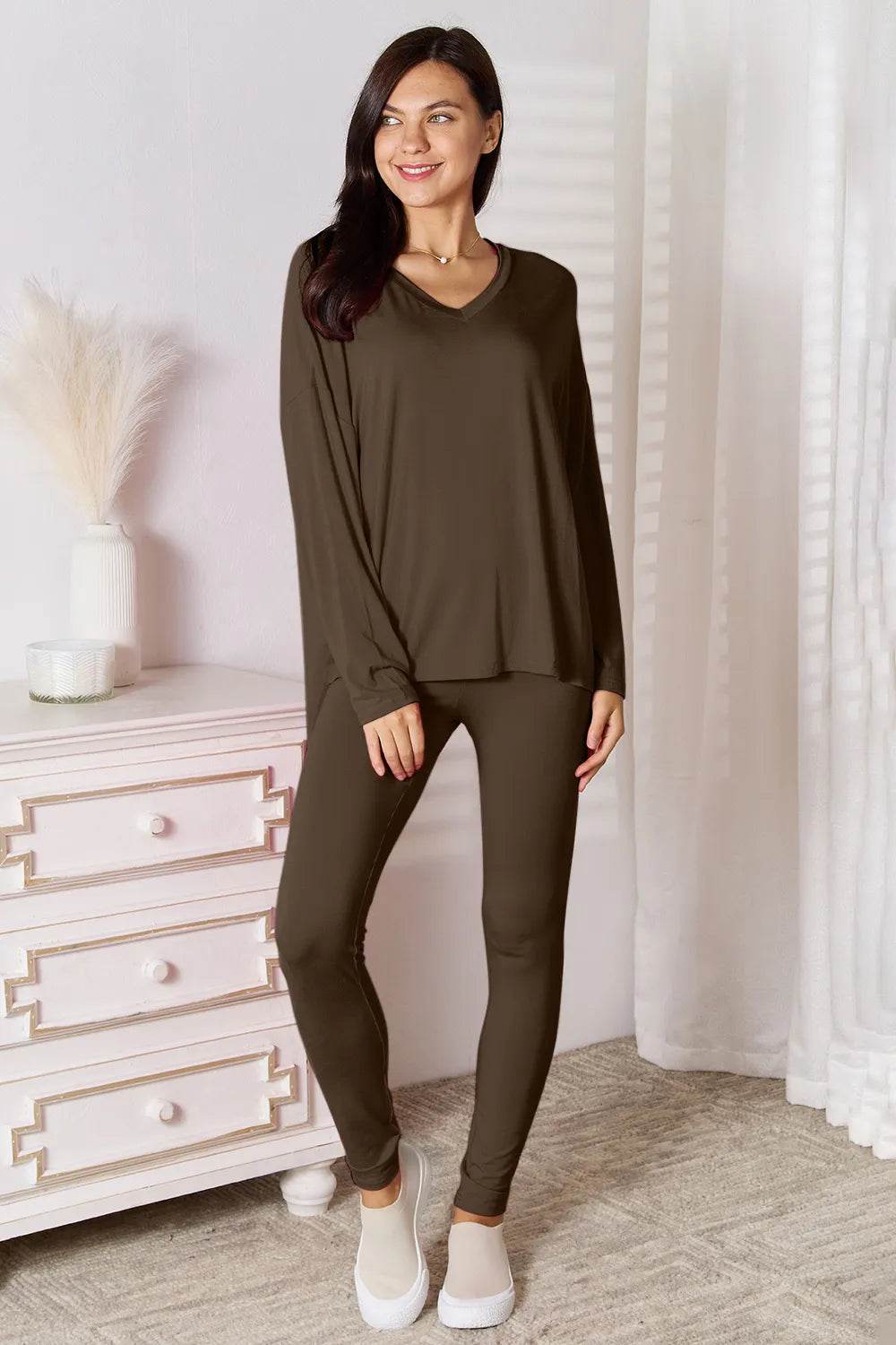 Basic Bae Bamboo Full Size V-Neck Long Sleeve Top and Pants Lounge Set - IntuitiveEncBoutique