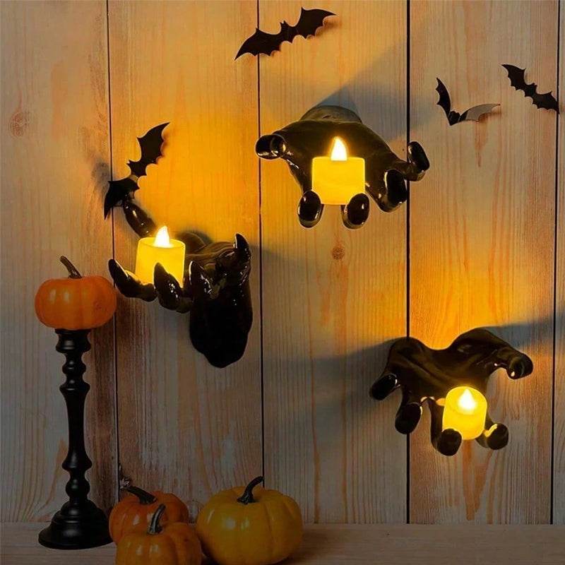 Gothic Halloween Indoor Decor: 12-Pack Bat Sticker Wall Hangings (Spooky Hands & Lit Candles) for Gothic Walls - IntuitiveEncBoutique