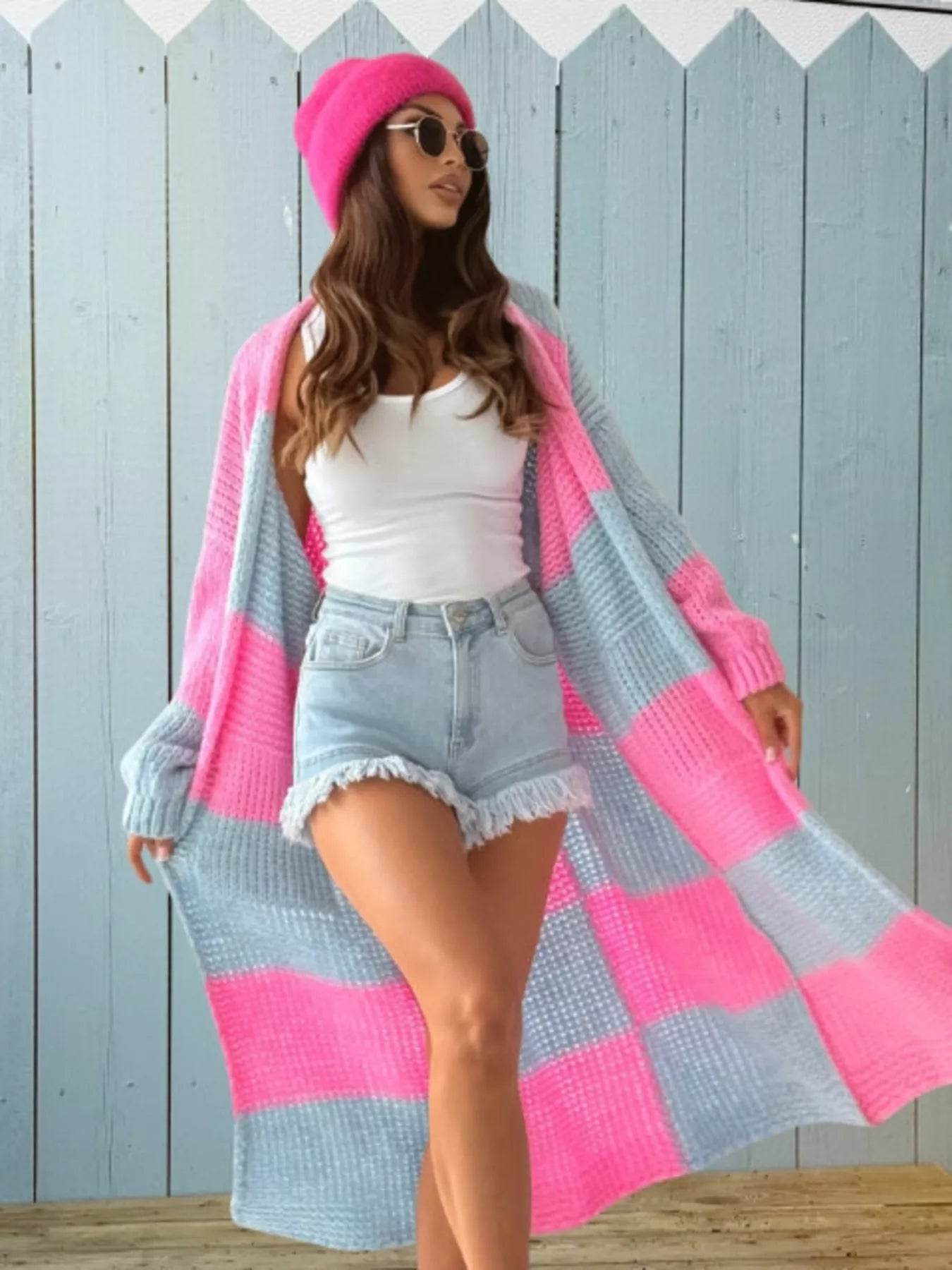 Color Block Long Sleeve Longline Cardigan Plus Size - IntuitiveEncBoutique