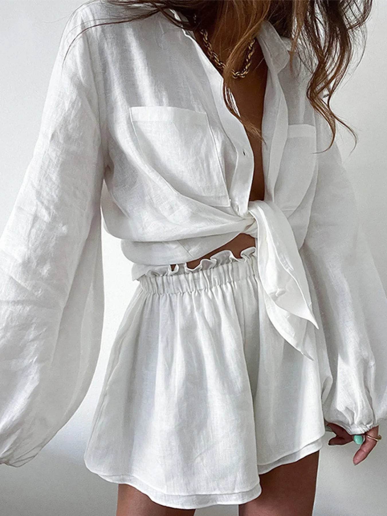 Full Size Button Up Balloon Sleeve Top and Shorts Set Plus Size - IntuitiveEncBoutique