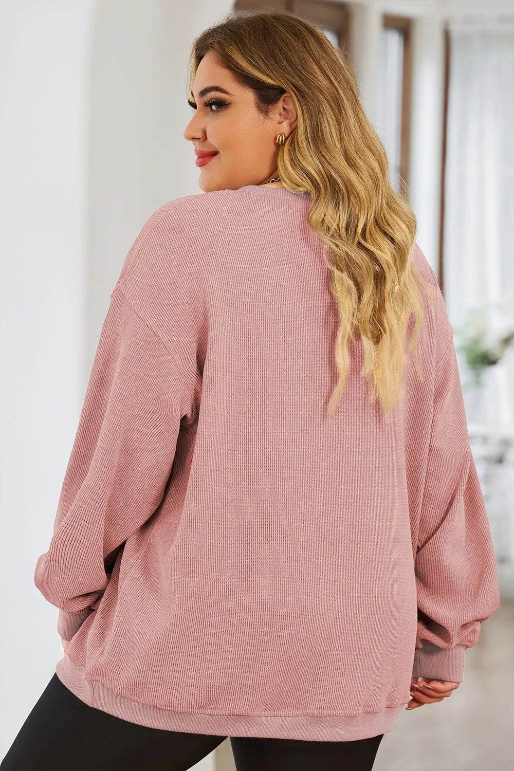Plus Size Heart Ribbed Round Neck Sweatshirt - IntuitiveEncBoutique