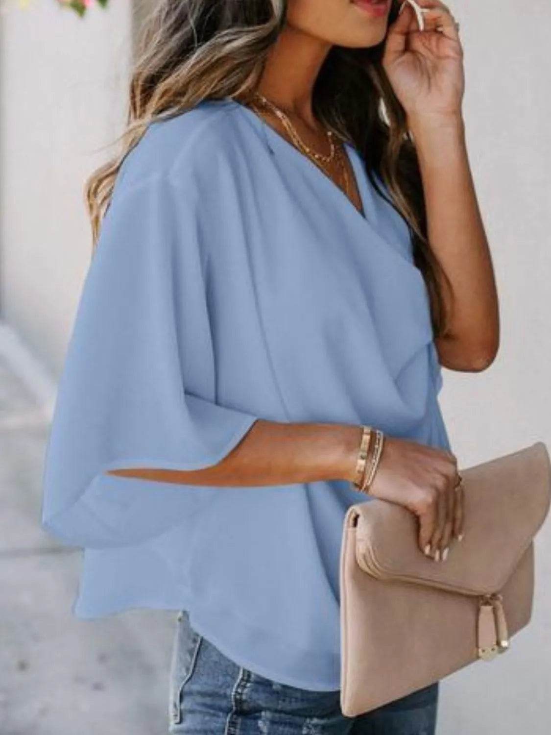 Full Size Ruched Three-Quarter Sleeve Blouse Plus Size - IntuitiveEncBoutique