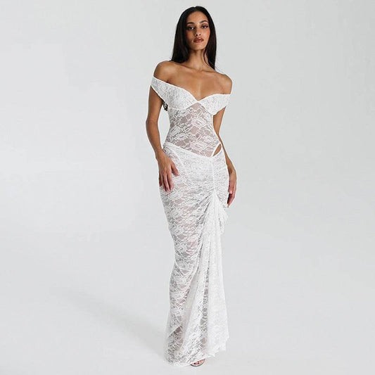 Lace dress sexy hollowed out see through jumpsuit half body long skirt two-piece set - IntuitiveEncBoutique