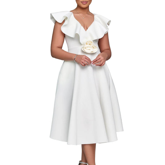 V-neck Ruffled Hem 3D Flower Skirt Evening Dress Banquet Dress - IntuitiveEncBoutique