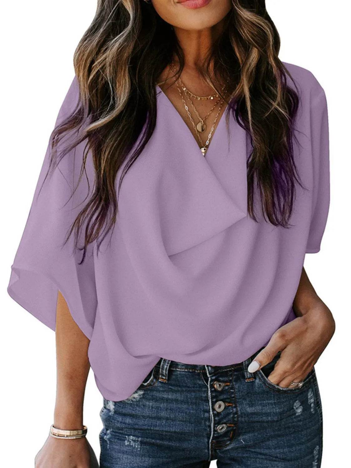 Full Size Ruched Three-Quarter Sleeve Blouse Plus Size - IntuitiveEncBoutique