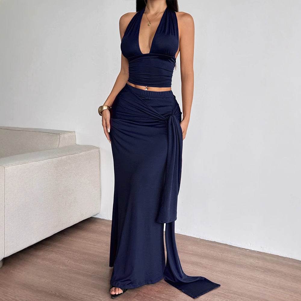 Sexy Off-the-Shoulder Waist-Cinching Top with Belt and Long Fitted Skirt - IntuitiveEncBoutique