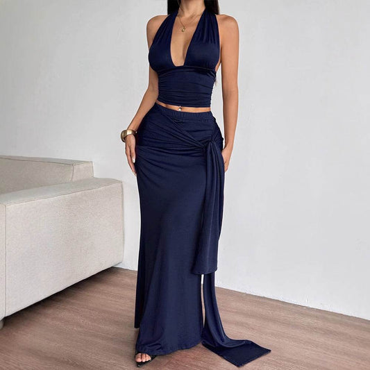 Sexy Off-the-Shoulder Waist-Cinching Top with Belt and Long Fitted Skirt - IntuitiveEncBoutique