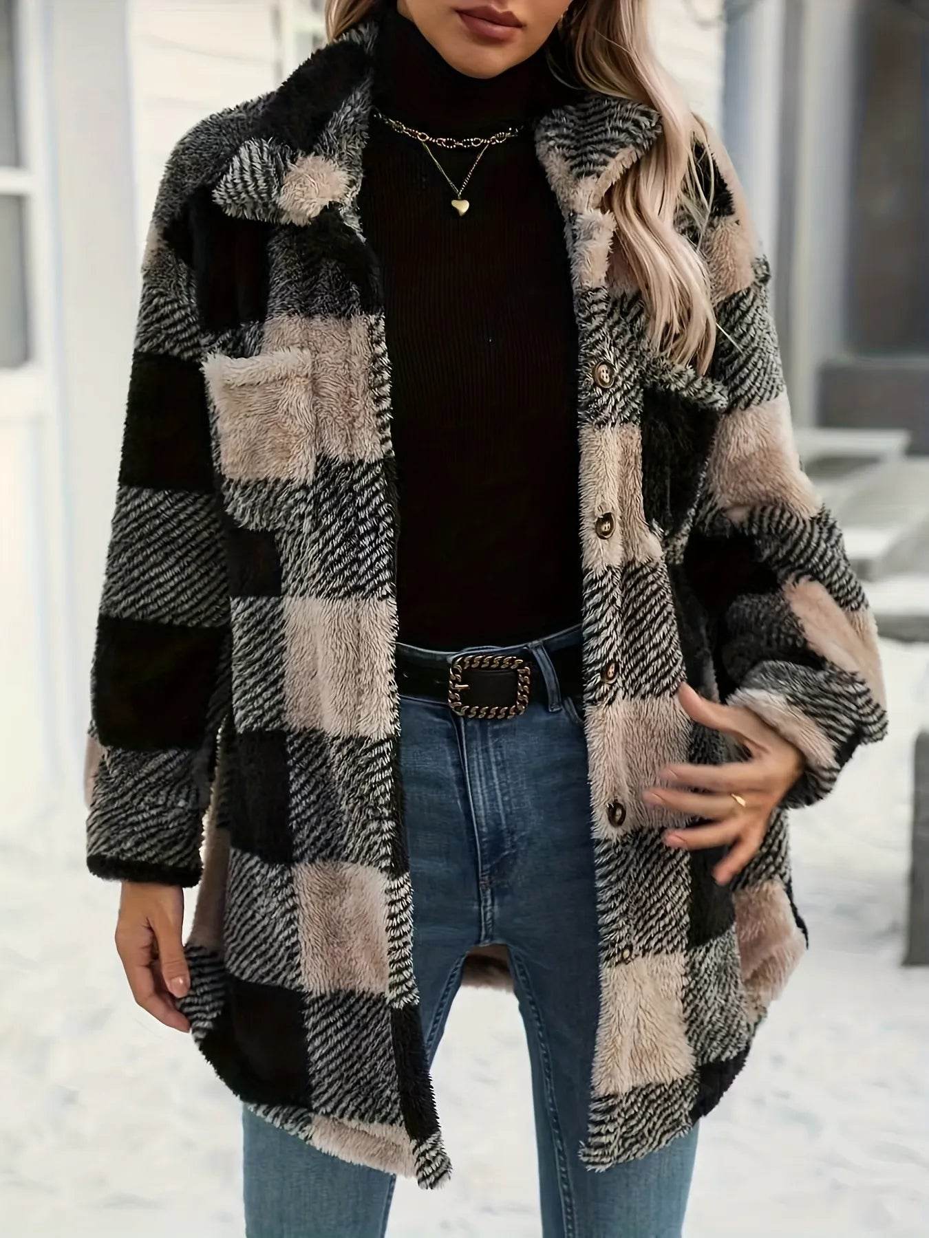Button Down Collared Neck Plaid Teddy Coat with Pockets - IntuitiveEncBoutique