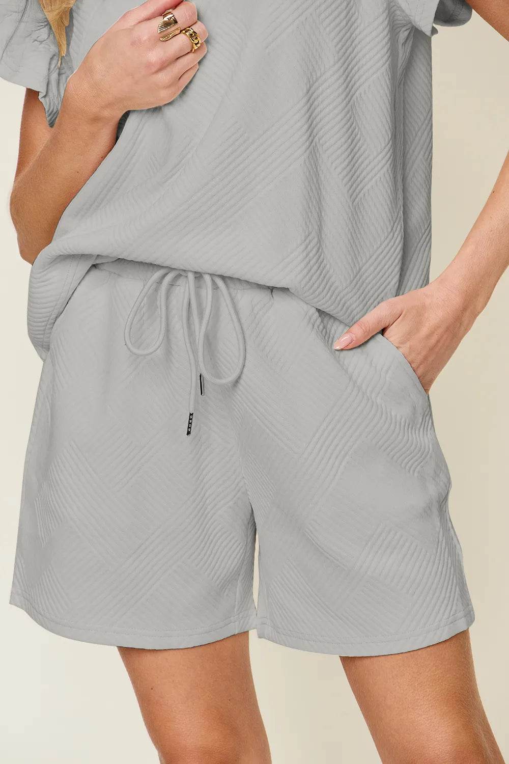 Double Take Full Size Texture Flounce Sleeve Top and Drawstring Shorts Set - IntuitiveEncBoutique