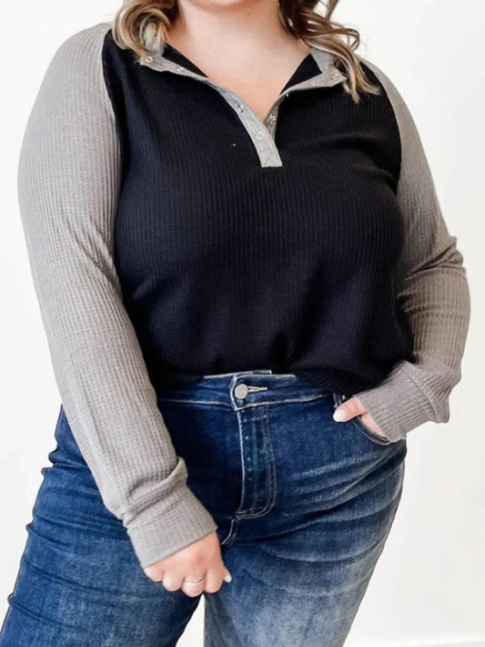Plus Size Waffle-Knit Half Snap Long Sleeve Shirt - IntuitiveEncBoutique
