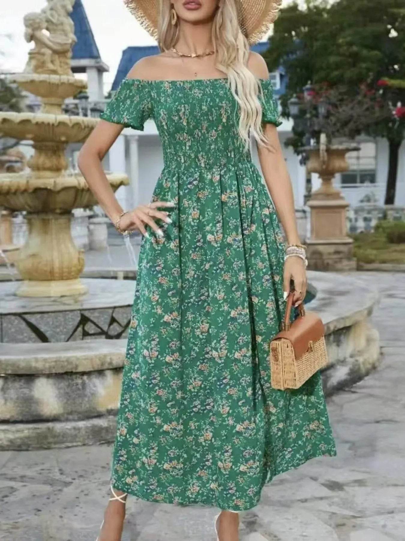 Full Size Slit Off-Shoulder Floral Midi Dress Plus Size - IntuitiveEncBoutique