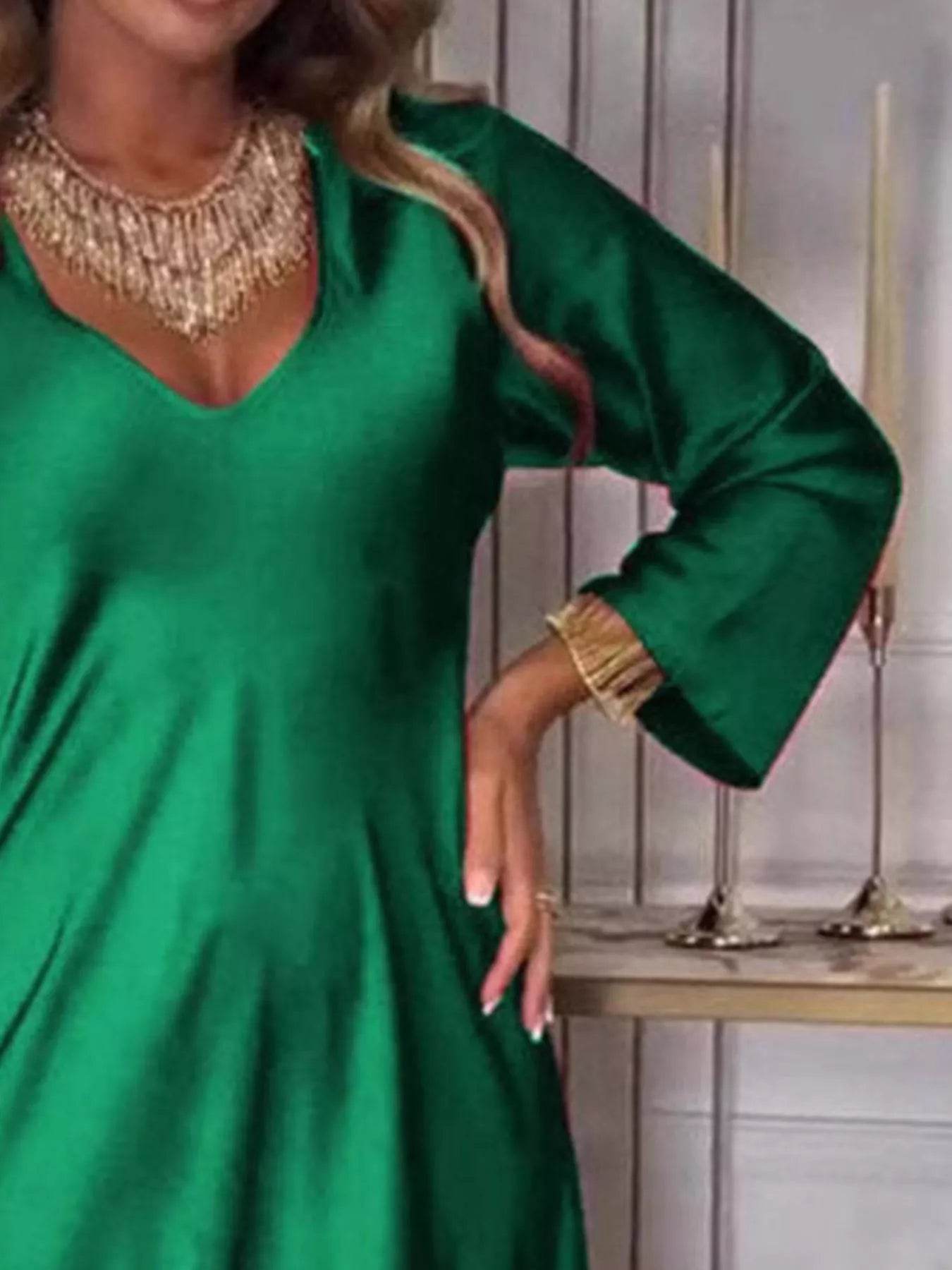 Full Size V-Neck Long Sleeve Midi Dress Plus Size - IntuitiveEncBoutique