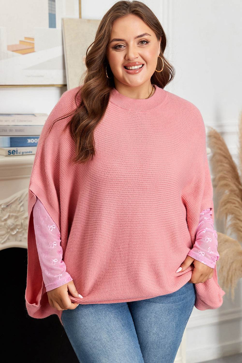 Light Pink Ribbed Knit Half Sleeve Plus Size Poncho Style Sweater - IntuitiveEncBoutique