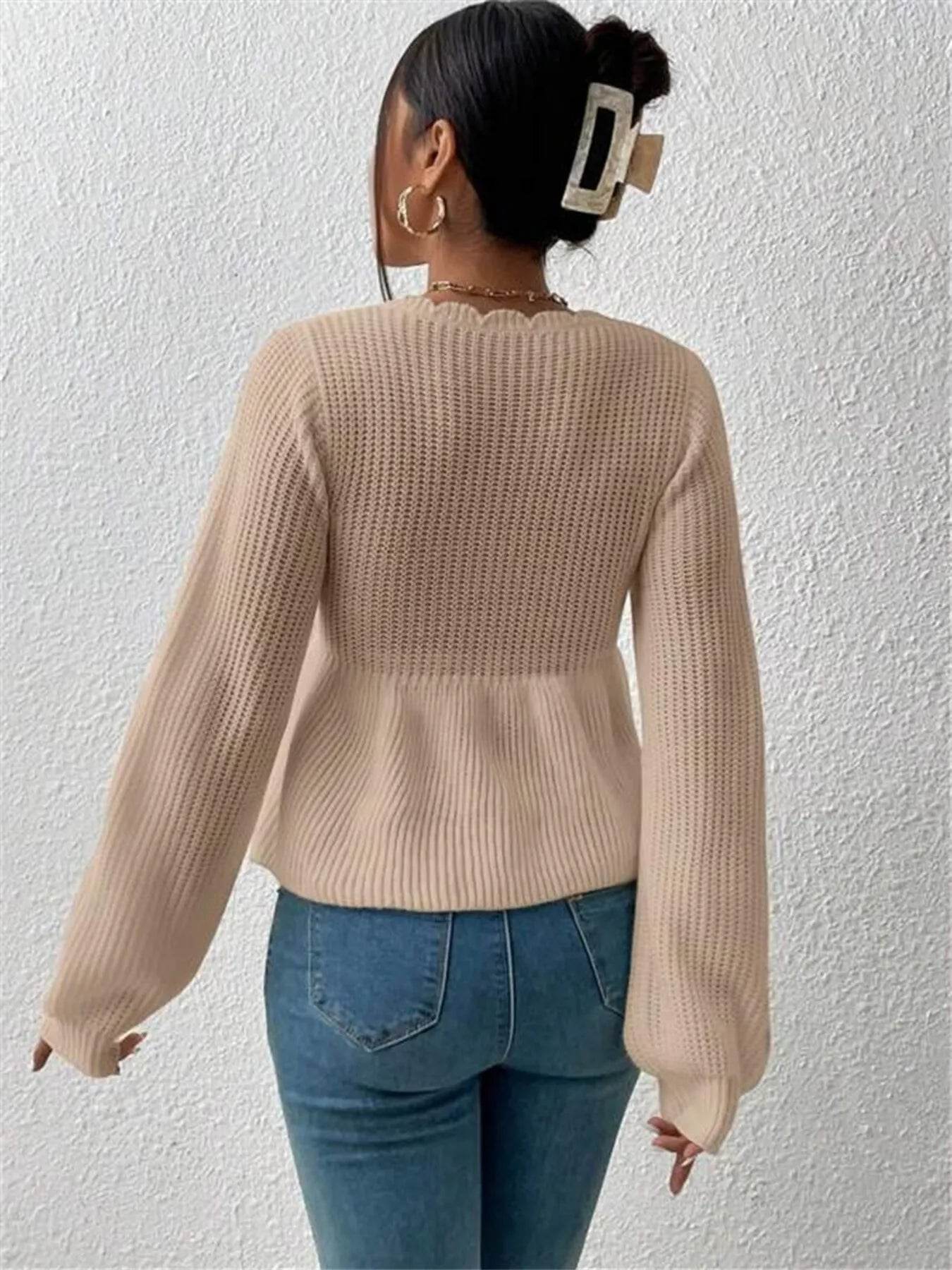 Scalloped V-Neck Drawstring Knit Top - IntuitiveEncBoutique