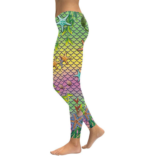 Mermaid Ocean Women Leggings Starfish Fish Scales Digital Print Leggings - IntuitiveEncBoutique