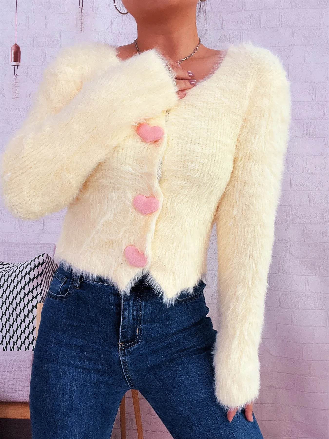 Fuzzy Heart Shape Button-Up Cardigan - IntuitiveEncBoutique