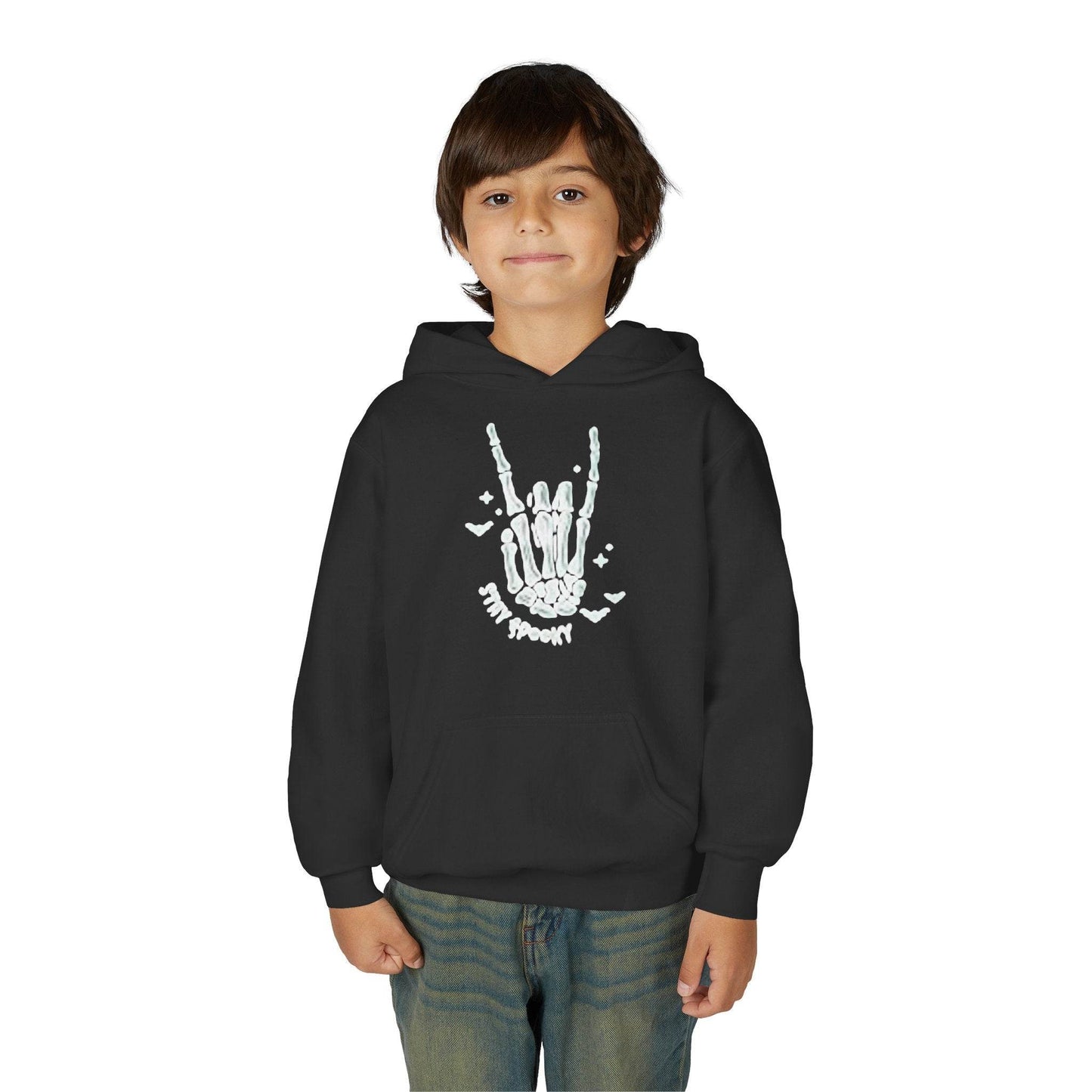 Youth Ghostly Rocker Hoodie - Stay Spooky Sweatshirt, Halloween Apparel, Youth Fashion, Skeleton Design, Cozy Gift - IntuitiveEncBoutique