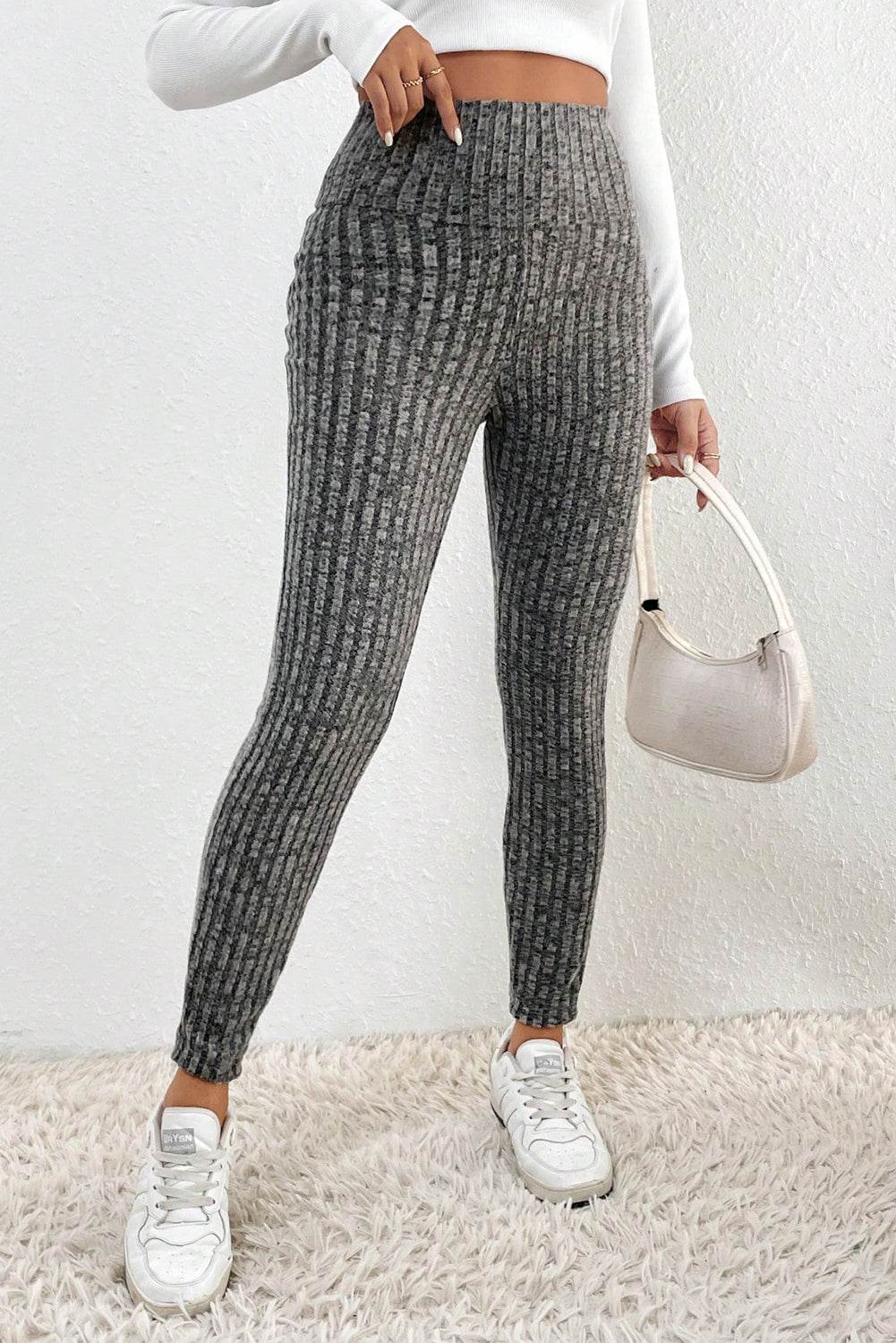 Dark Grey Wide Waistband Ribbed Textured Knit Leggings - IntuitiveEncBoutique