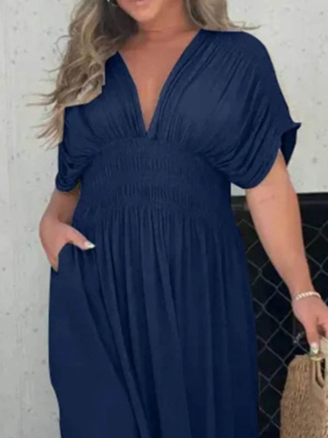 Full Size Deep V-Neck Maxi Dress with Side Slit Plus Size - IntuitiveEncBoutique