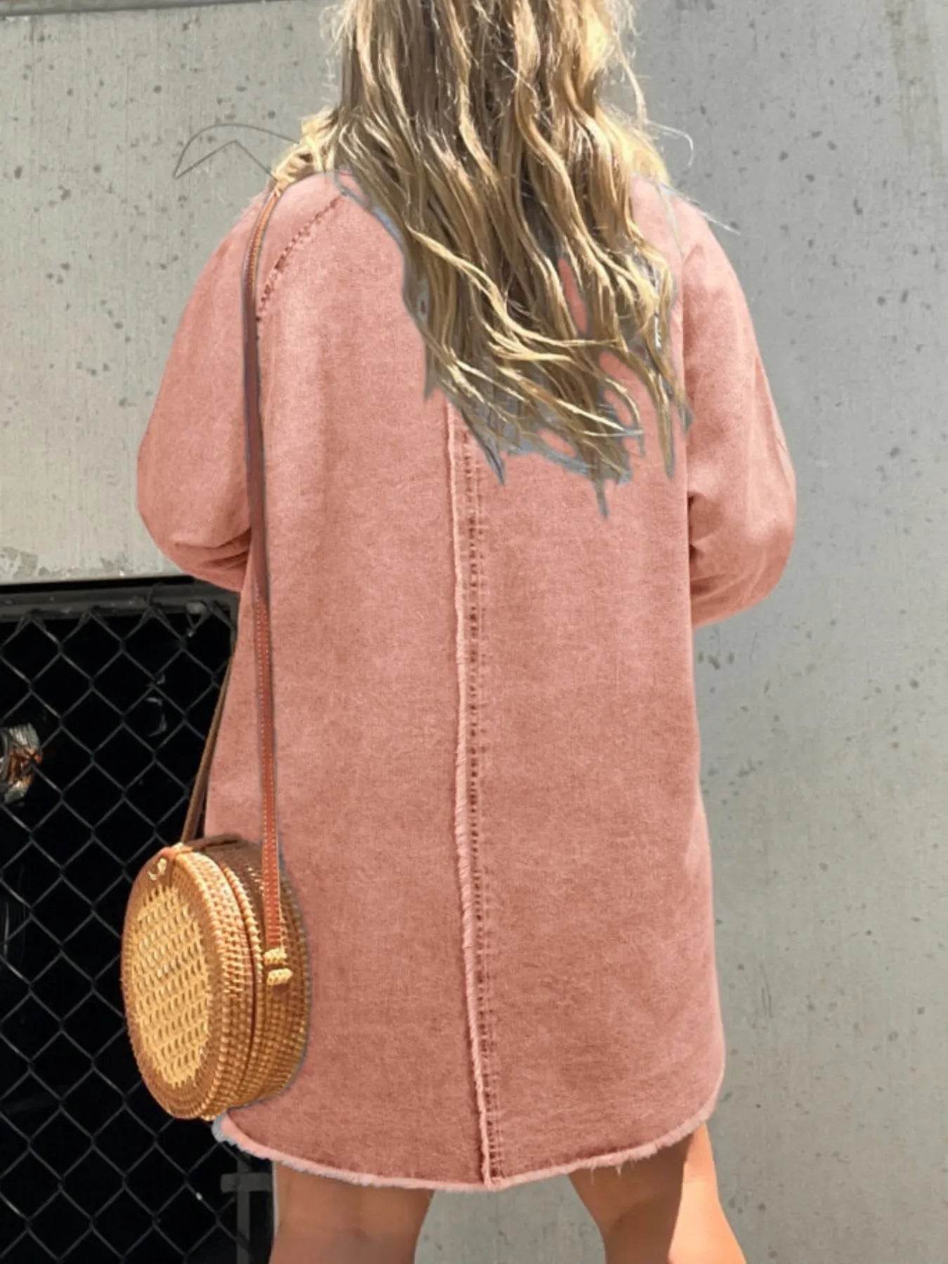 Full Size Button-Front Long Sleeve Denim Shirt Dress Plus Size - IntuitiveEncBoutique