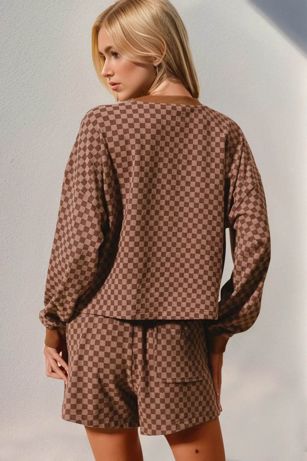 Double Take Checkered Half Button Top and Shorts Set - IntuitiveEncBoutique