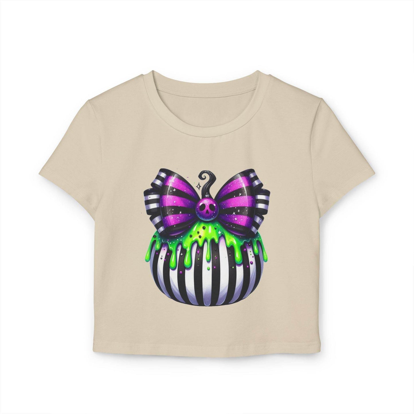 Cute Halloween Baby Tee with Spooky Bow Design | Women's Graphic T-Shirt, Party Shirt, Fall Fashion, Gift Idea, Casual Wear - IntuitiveEncBoutique
