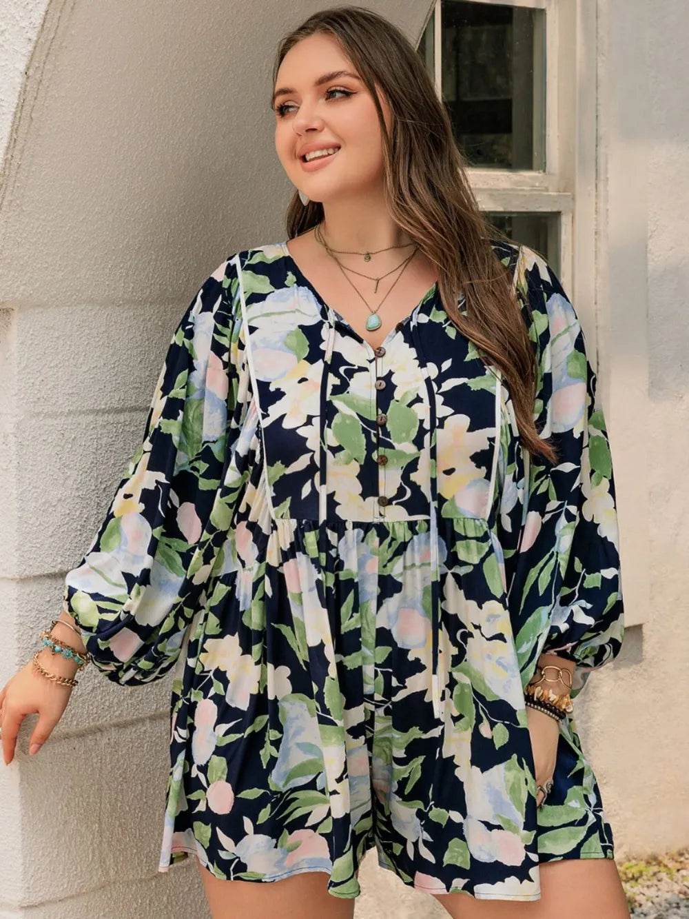 Plus Size Tied Printed Long Sleeve Romper - IntuitiveEncBoutique
