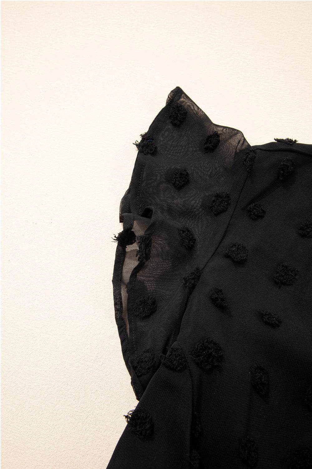 Black Dotty Textured Notched Neck Plus Ruffled Dress - IntuitiveEncBoutique