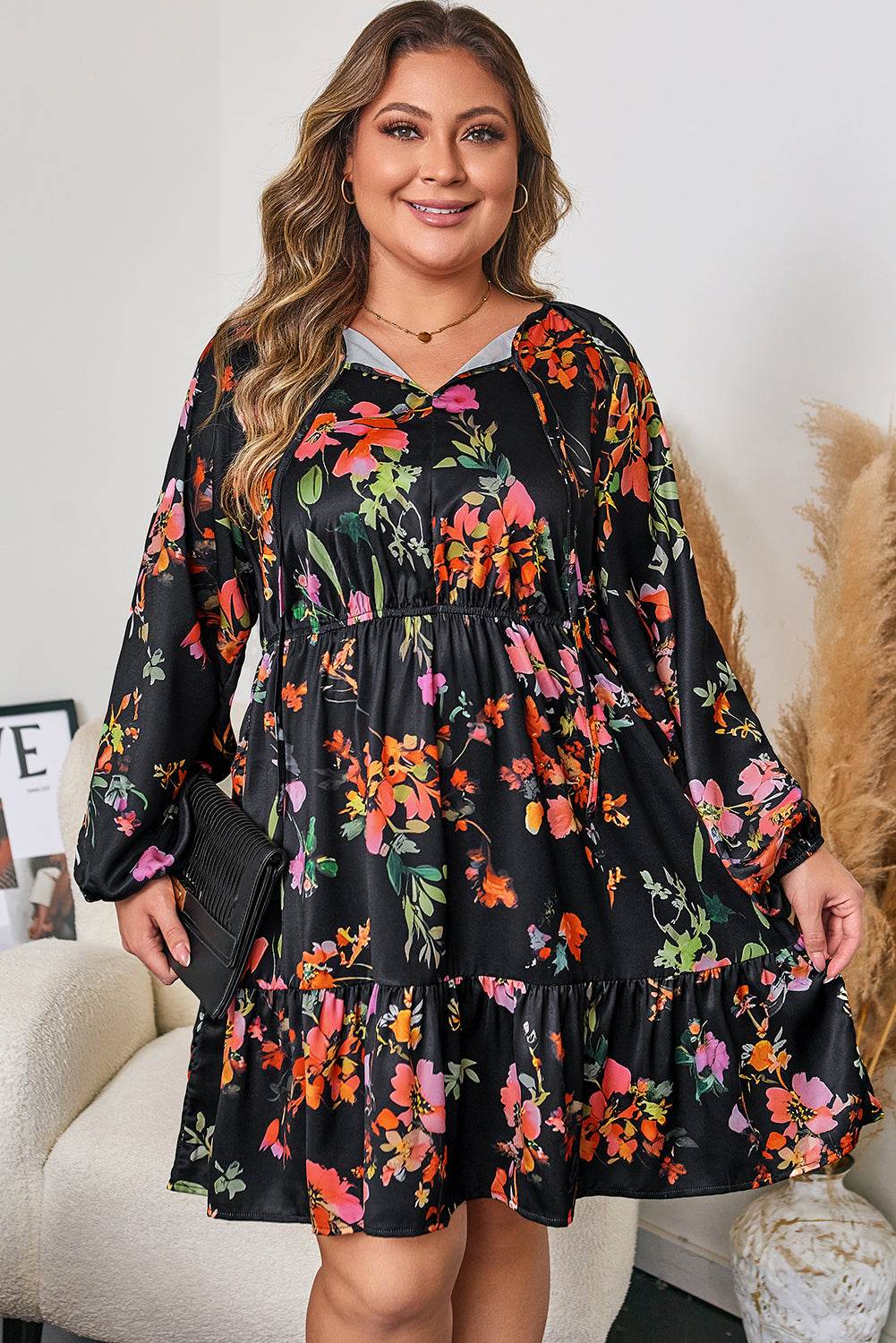 Black Plus Size Floral Print Tie Neck Cinched Waist Long Sleeve Mini Dress - IntuitiveEncBoutique
