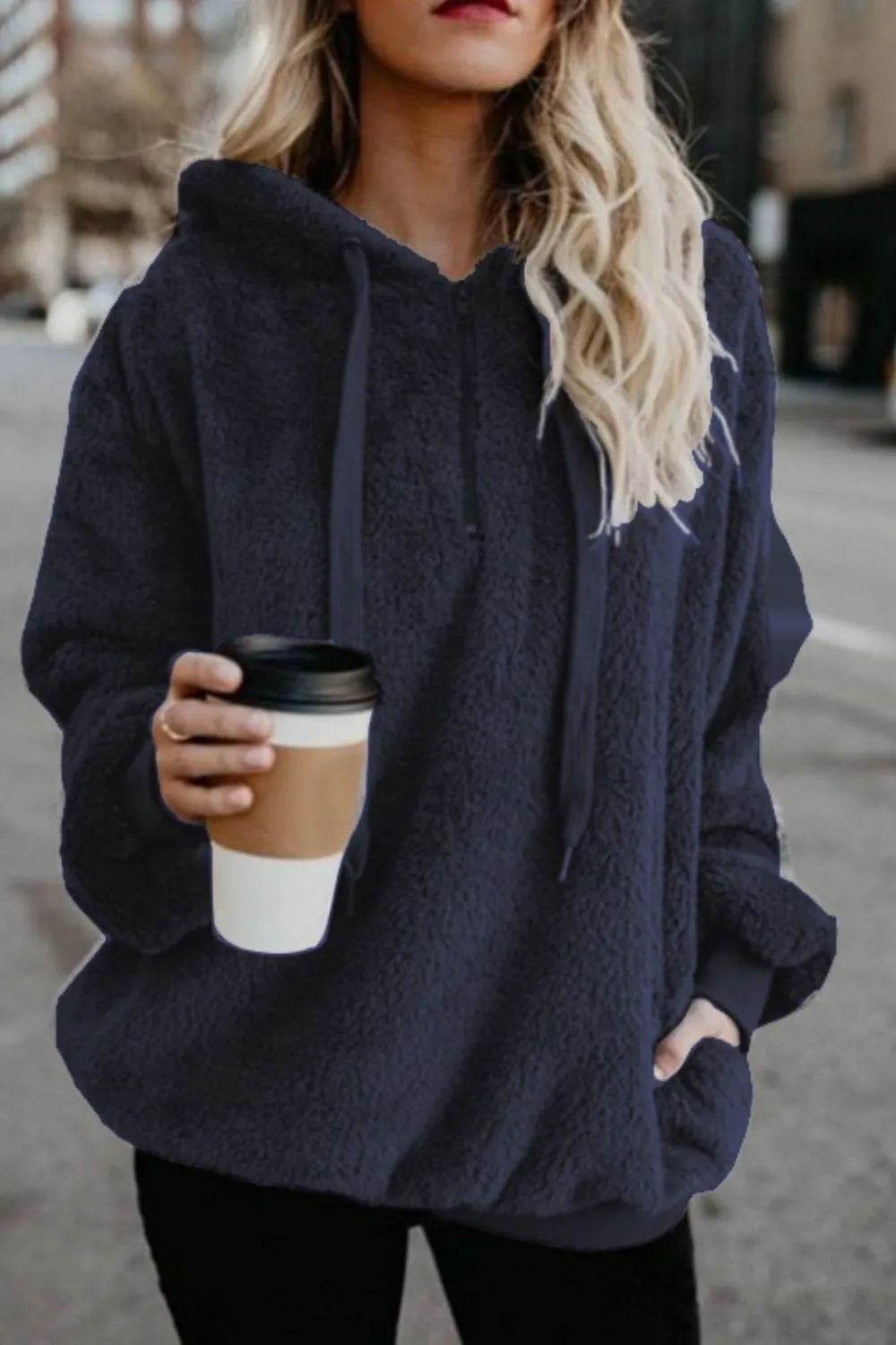 Full Size Quarter-Zip Drawstring Teddy Hoodie - IntuitiveEncBoutique