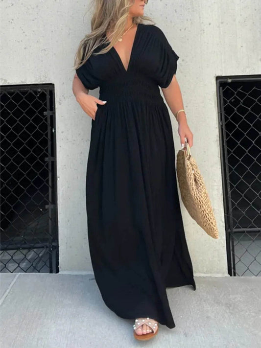Full Size Deep V-Neck Maxi Dress with Side Slit Plus Size - IntuitiveEncBoutique