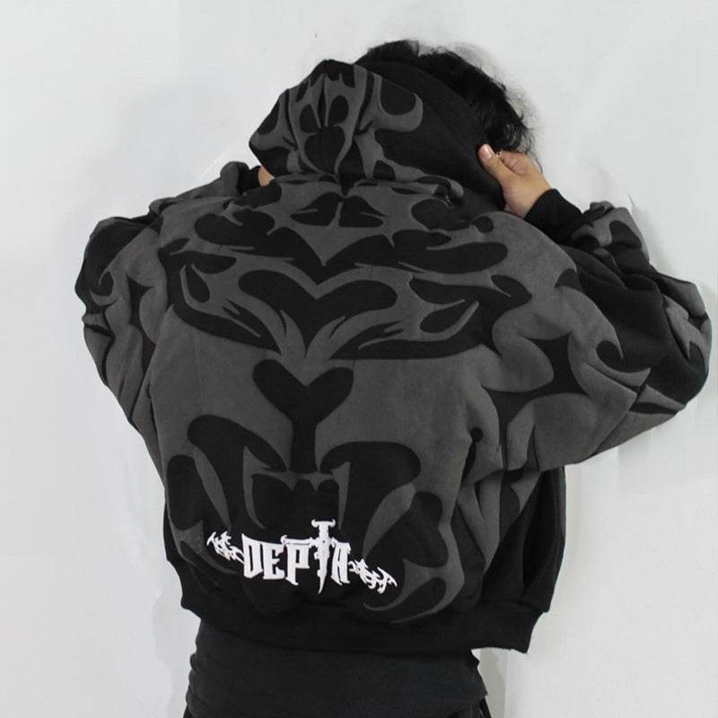 Irregular Letter Foaming Loose Street Trend Zipper Hooded Sweatshirt - IntuitiveEncBoutique