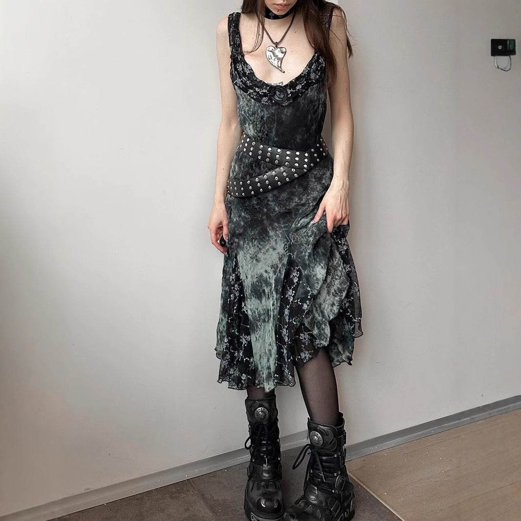 Gothic Vintage Tie-Dye Floral Ruffle Irregular Hem Dress with Sexy Lace Mesh Sleeveless Long Skirt - IntuitiveEncBoutique