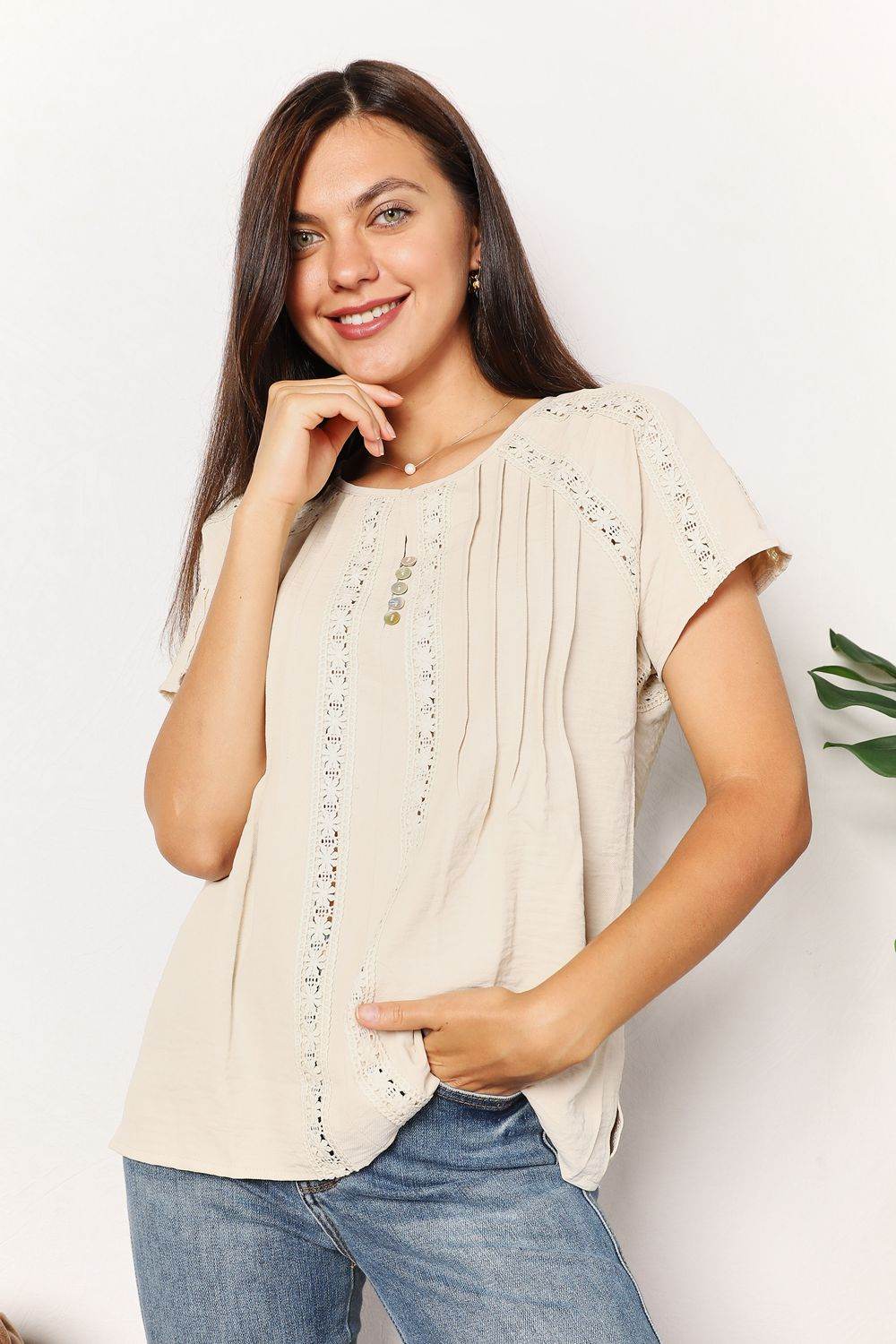 Double Take Crochet Buttoned Short Sleeves Top - IntuitiveEncBoutique
