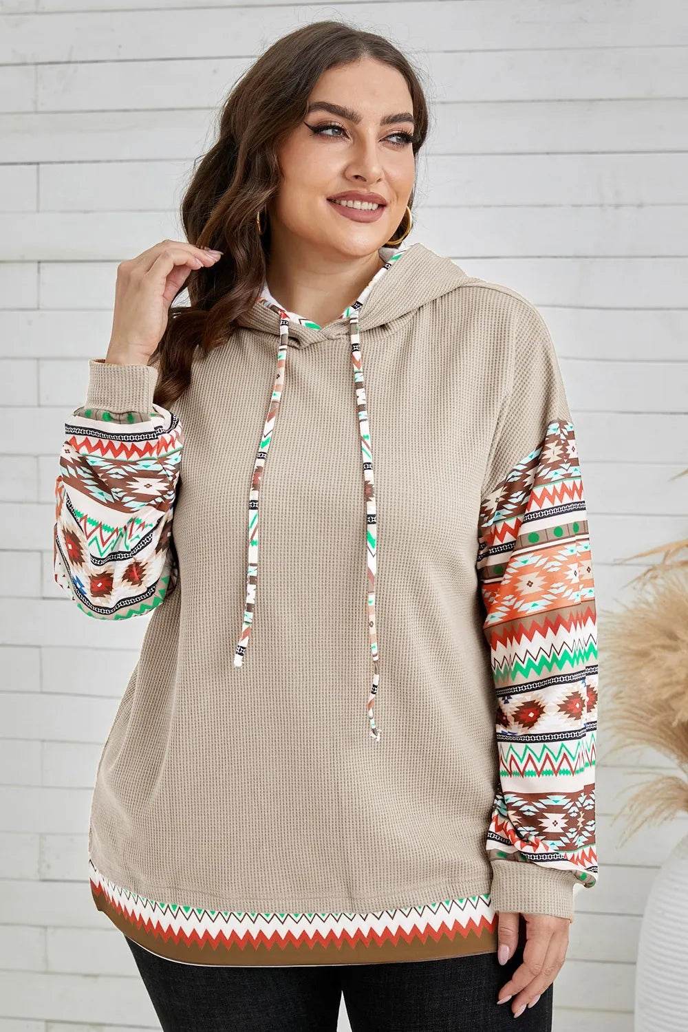 Plus Size Waffle-Knit Geometric Dropped Shoulder Hoodie - IntuitiveEncBoutique
