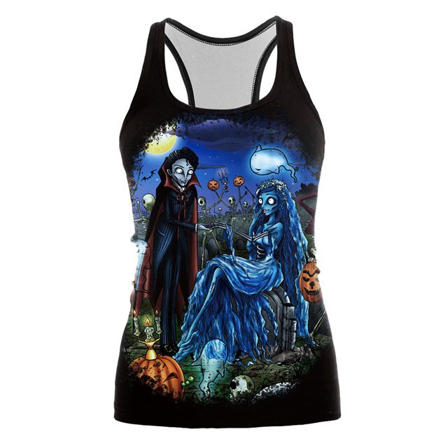 Tank Top Women Halloween Corpse Bride type Jack-o'-lantern Printed Sleeveless work out Tops