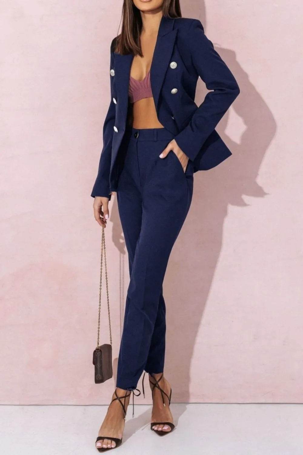 Full Size Lapel Collar Long Sleeve Blazer and Pants Set Plus Size - IntuitiveEncBoutique
