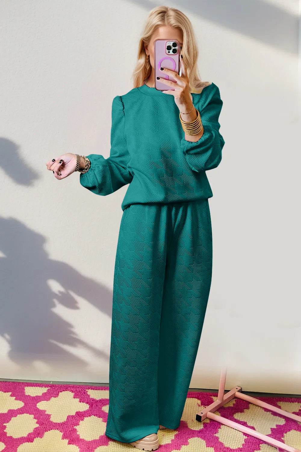 Double Take Texture Long Sleeve Top and Wide Leg Pants Set - IntuitiveEncBoutique