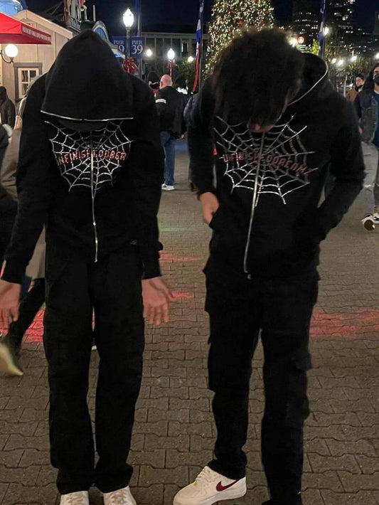 Men's Spider Web Rhinestones Zip-Up Hoodie - IntuitiveEncBoutique