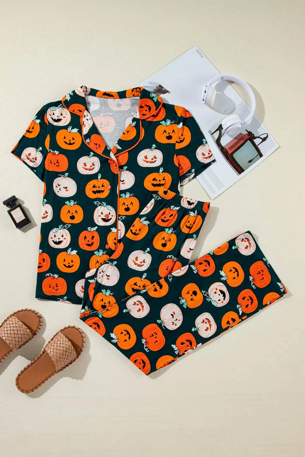 Pumpkin Printed Short Sleeve Top and Pants Lounge Set - IntuitiveEncBoutique