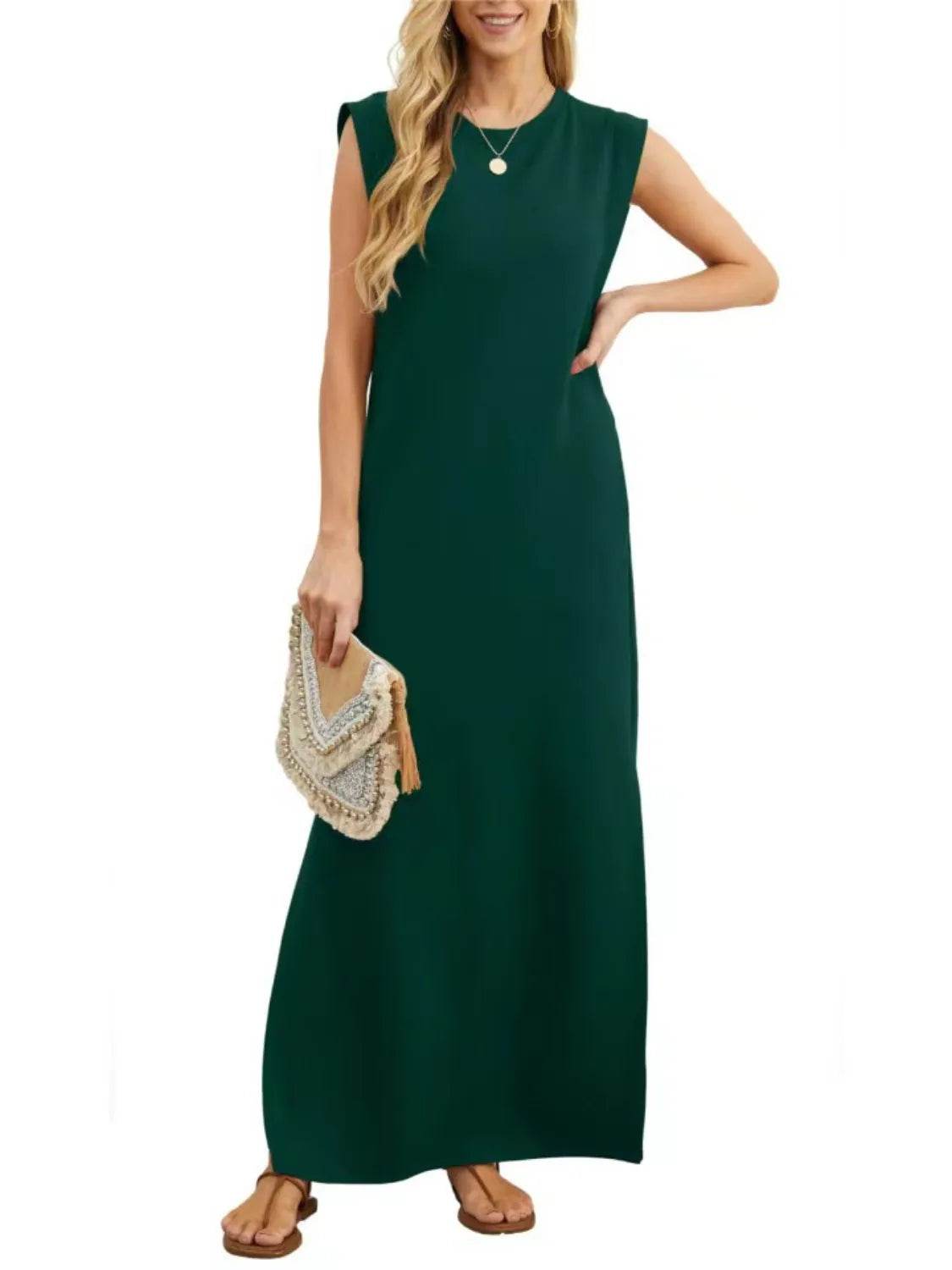 Full Size Slit Round Neck Sleeveless Maxi Tank Dress Plus Size - IntuitiveEncBoutique