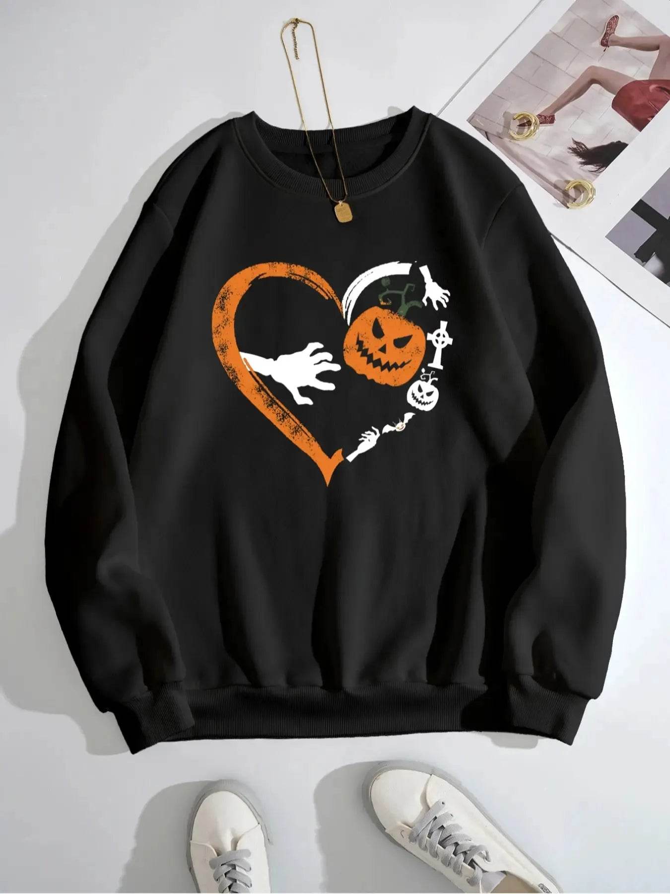 Halloween Heart Pumpkin Round Neck Sweatshirt - IntuitiveEncBoutique