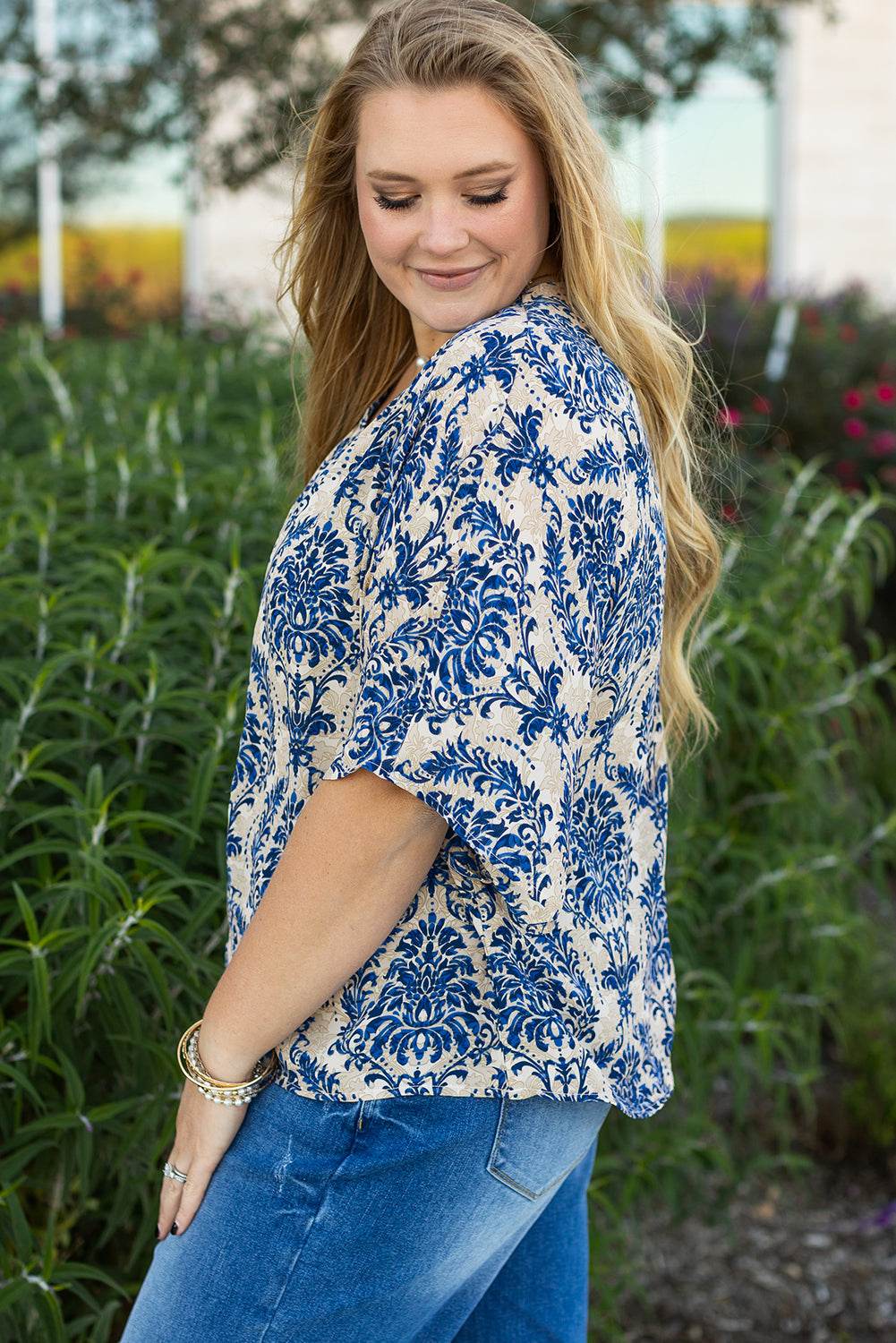 Blue Plus Size Ethnic Printed 3/4 Sleeve V Neck Loose Blouse - IntuitiveEncBoutique