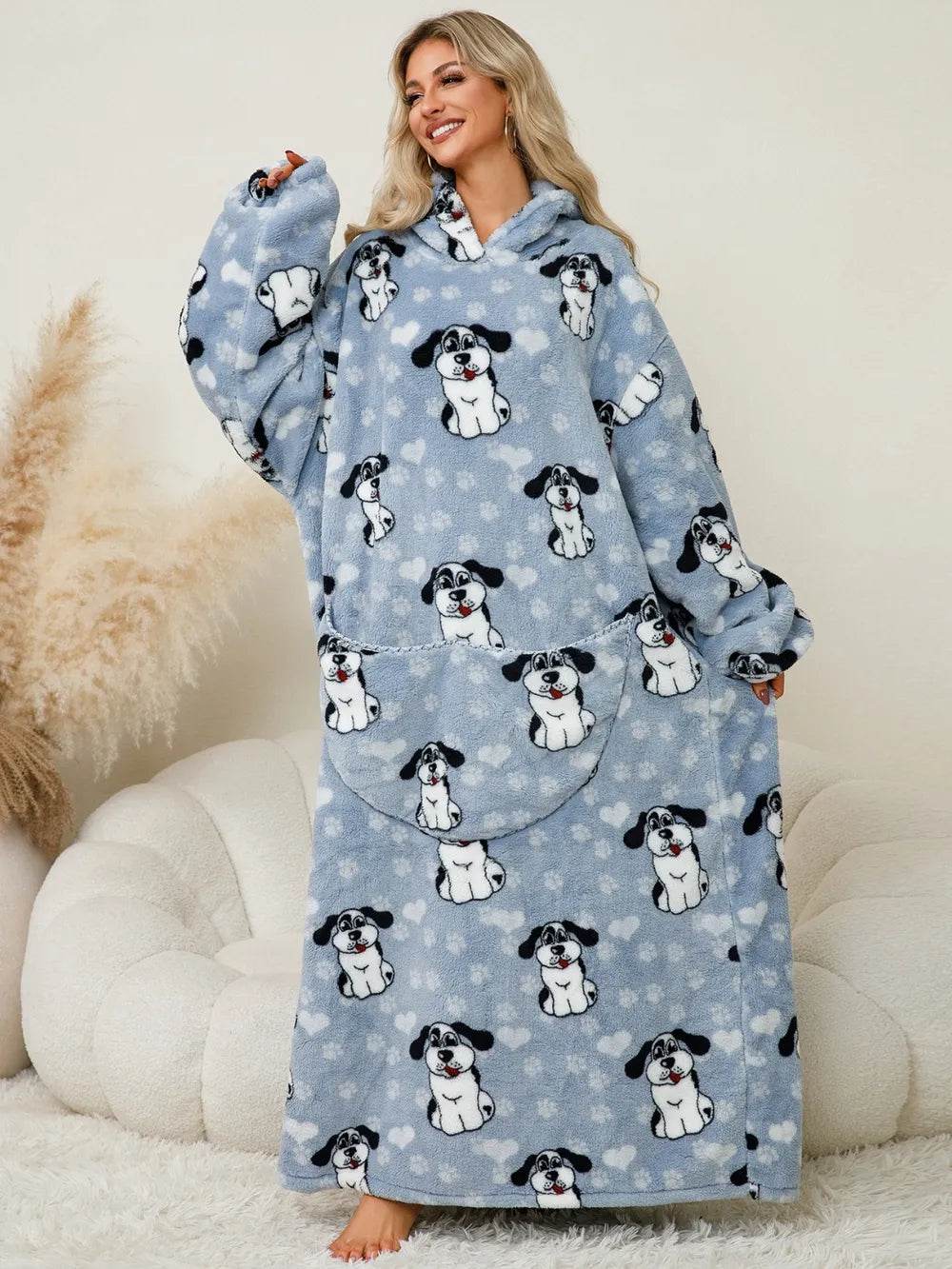Fuzzy Pocketed Long Sleeve Hooded Lounge Dress - IntuitiveEncBoutique
