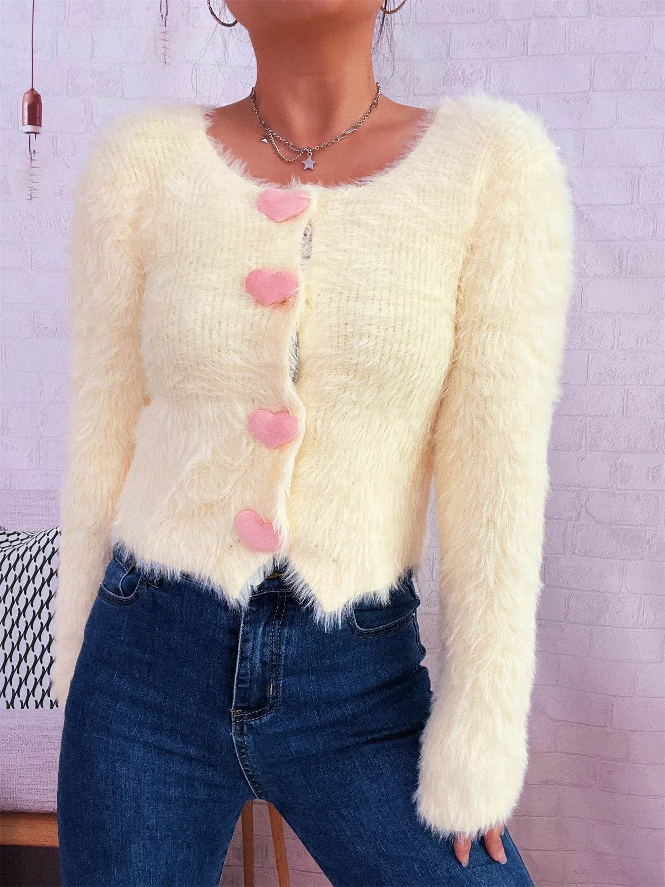 Fuzzy Heart Shape Button-Up Cardigan - IntuitiveEncBoutique