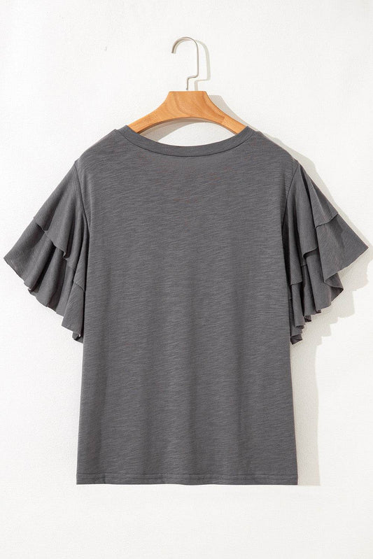 Dark Grey Double Ruffled Short Sleeve Plus Size Top - IntuitiveEncBoutique