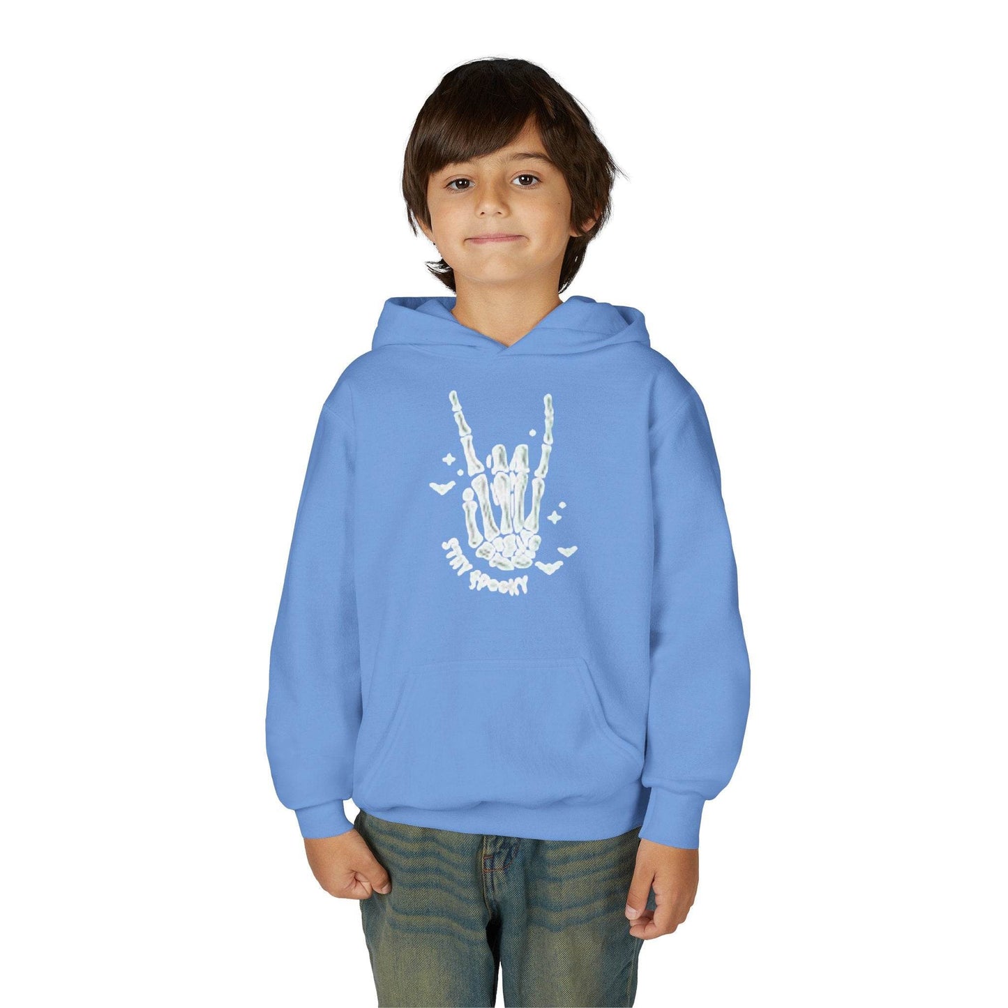 Youth Ghostly Rocker Hoodie - Stay Spooky Sweatshirt, Halloween Apparel, Youth Fashion, Skeleton Design, Cozy Gift - IntuitiveEncBoutique