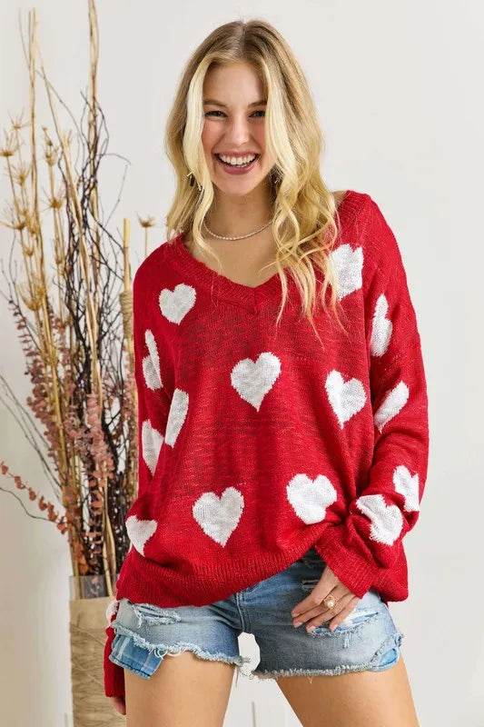 ADORA Full Size Heart V-Neck Knit Top Plus Size - IntuitiveEncBoutique