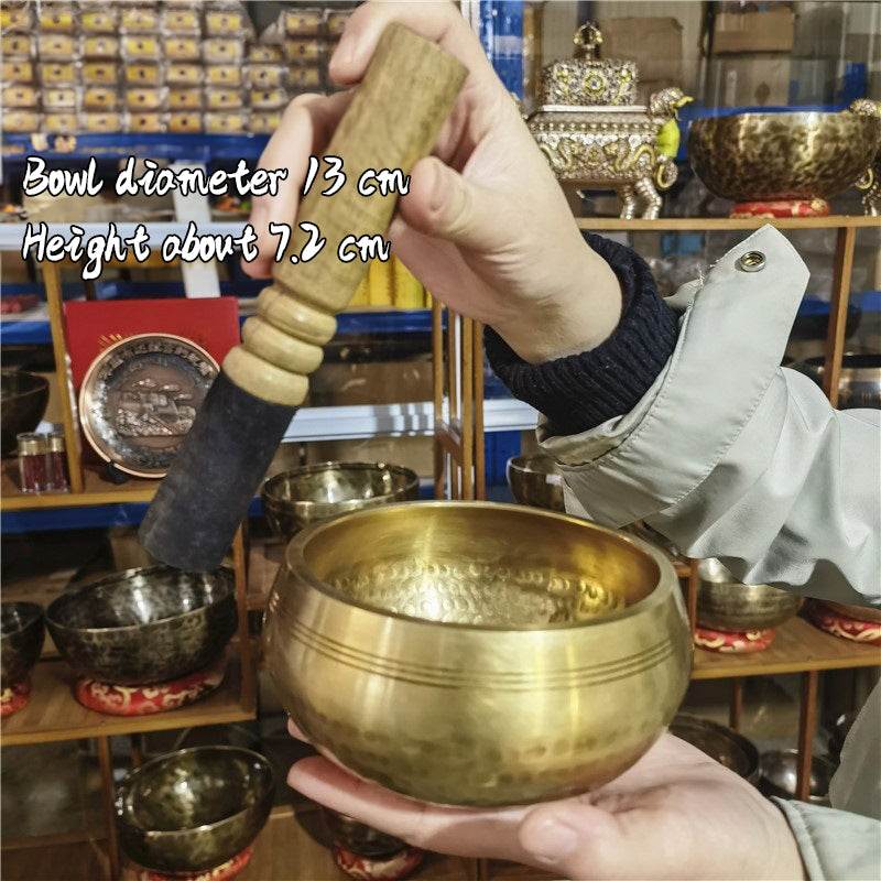 Tibetan brass singing bowl with Sanskrit – handmade meditation instrument for stress relief. - IntuitiveEncBoutique